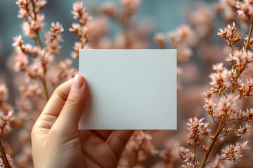 Flat lay Handheld Wedding Invitation card against the dried plant and white flower