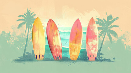 Wall Mural - surfboard on tropical beach background. vintage tone color style. generative ai