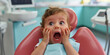 © Valeriia - Babu scared shocked with open mounth sitting in dentist chair exposing white teeth. Creative banner with funny child kid for pediatric dentistry. Children treatment teeth, medical checkup concept