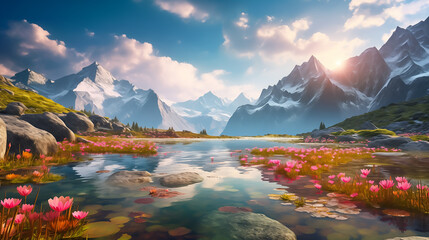 Wall Mural - illustration of lake manasarovar, hindu mythological religious lake concept,