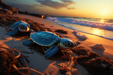 Baby Sea Turtle Just Born On The Beaches At Sunset