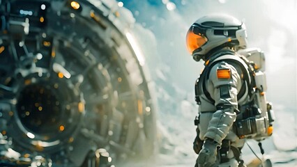 Wall Mural - an astronaut on a strange alien planet, slowly turning around, a strange alien structure in backgrou