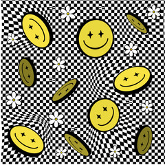 Wall Mural - Happy smile faces seamless pattern in trendy funky y2k style. Colorful circle stickers, character icons endless background. Vector illustration in 90s graphic for fabric, print, textile, presentation