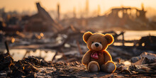 Teddy Bear With Red Heart In Field At Sunset Soft Focus Teddy Bear Toy Over City Burned Destruction Of An Aftermath War Conflict .