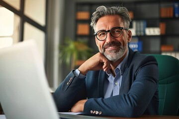 Wall Mural - Happy mature business man of middle age, confident entrepreneur or bank manager, 45 years old executive, mid aged businessman investor sitting at work, Generative AI