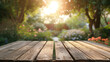 The empty wooden table top with blur background of garden
