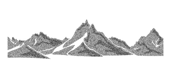 Poster - Grain stippled mountain range illustration. Dotted landscape terrain silhouette. Black white grainy hill chain. Grunge noise stochastic background. Pointillism texture wallpaper. Dot work style vector