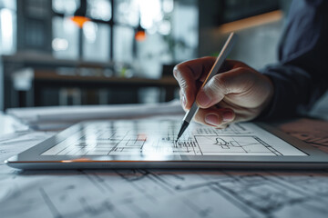 Architect designer draws house plans on an electronic tablet