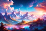 Fototapeta Most - A surreal mountainous environment featuring the most beautiful world view, with towering peaks surrounded by iridescent clouds