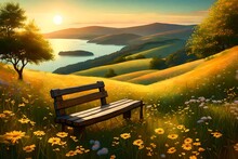 A Poetic Environment Featuring An Aged Wooden Bench On A Hill, Surrounded By A Sea Of Wildflowers, A Gentle Breeze Rustling The Grass, And A Panoramic View Of A Verdant Valley