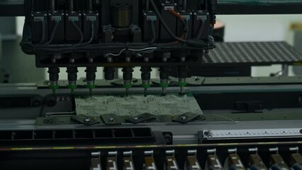 Poster - Automatic pick and lace machine is installing components on circuit board. Creative. Electronic devices production industry.