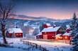 A charming countryside covered in a fresh blanket of snow, a red barn standing proudly amid the winter landscape, smoke rising from the chimney