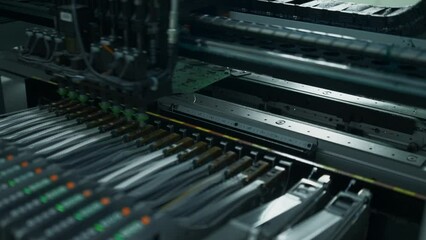 Poster - Electronic circuit boards production and installation of SMD components. Creative. Needle automatic equipment diagnose and test chips and processors.