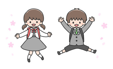  入学式　ジャンプする男の子と女の子