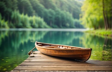 Wall Mural - Wooden rowing boat on a calm lake