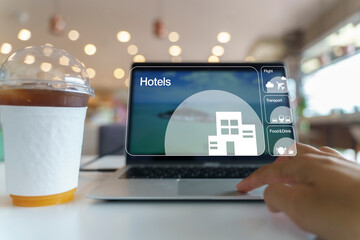 person using phones and laptops to search for places to stay to plan their trips and vacations. summer concept.	
