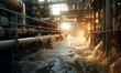 Industrial landscape with heavy water flowing through a power plant. 3d render