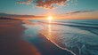 Sandy beach, drone perspective, polarized lens, sunset, serene, classic chrome film. 