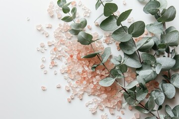 Poster - Organic Himalaya salt and fresh eucalyptus on white background Spa and wellness concept represented Minimalism style display