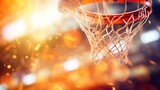Fototapeta Sport - basketball professional scoring ball over the hoop at stadium shot in dynamic active macro closeup with particles and bokeh, sports success concept copy space banner