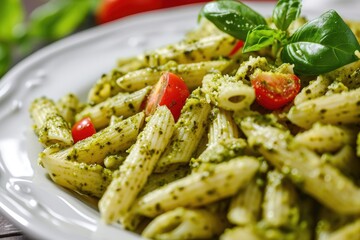 Closeup of penne pasta with pesto sauce