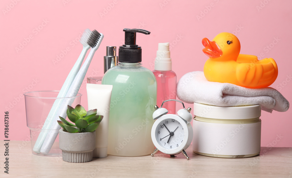 Cosmetic products ion pink background. Personal hygiene. Morning ...