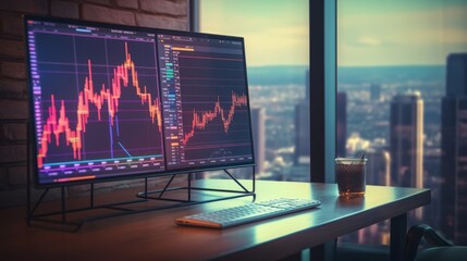 Poster - Financial analysis concept: double exposure of stock market graph, desk, and computer