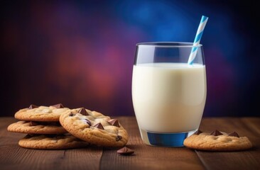 Chocolate chip cookies and a glass of milk. 