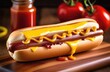 appetizing hotdog with ketchup and mustard close-up banner
