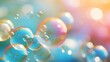 Colorful soap bubbles catching light and floating gracefully against a dreamy bokeh background.