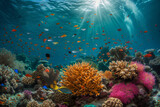 Fototapeta Do akwarium - Underwater Paradise: Coral Reef Teeming with Tropical Fish