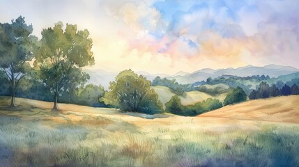 Wall Mural - Landscape watercolor of peaceful hills and trees