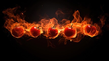 The tomato is on fire. A flame of fire in the shape of tomatoes.Red glowing tomato on black. A tomato with fire