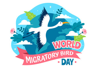 Wall Mural - World Migratory Bird Day Vector Illustration with Birds Migrations Groups and Their Habitats for Living Aquatic Ecosystems in Flat Cartoon Background