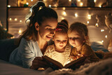 Fototapeta  - A mother reading a bedtime story to her children