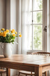 © phimprapha - Wooden table in empty home interior on background. Blurred in bright room. Summer morning vibes.