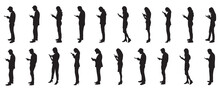Silhouette Of People Using Mobile Phone Or Smart Phone. Modern Concept Of People Phone Addiction. 