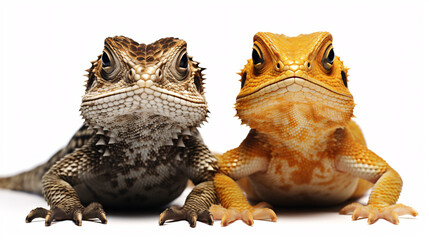 Two dragons / lizards on white background. Studio shot. Isolated.