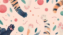 Playful And Colorful Illustration Various Cat Paws, Tails, And Playful Elements Like Yarn Balls On A Light Pink Background 