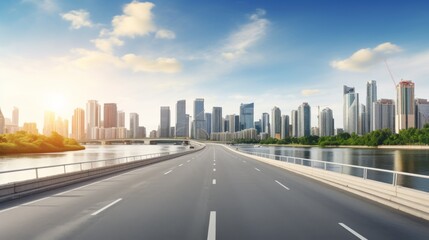 Wall Mural - Asphalt highway road and river with modern city buildings, Panoramic skyline and modern commercial buildings with empty road