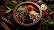 Various herbs and spices for cooking tasty dishes or various seasoning scattered on a table seen from top view. Created with Generative AI.