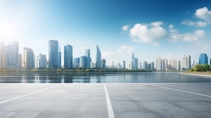 Wall Mural - Asphalt highway road and river with modern city buildings, Panoramic skyline and modern commercial buildings with empty road