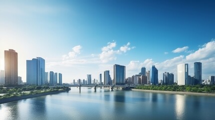 Wall Mural - Asphalt highway road and river with modern city buildings, Panoramic skyline and modern commercial buildings with empty road