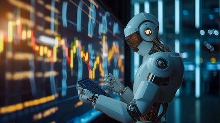 Businessman, investor, programmer using ai technology and robot for working business and trading stock, big data technology