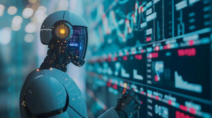 Businessman, investor, programmer using ai technology and robot for working business and trading stock, big data technology