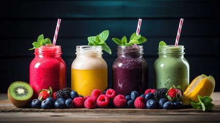 Canvas Print - Rows of colorful fruit smoothies with berries decorated next to them. generative AI