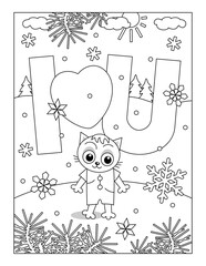 Valentine's Day coloring page for children or adults with I Love You message and cute little baby kitten
