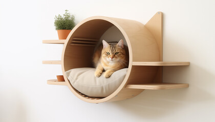 Creative round wooden house shelf for cats on wall for pet climbing activity.