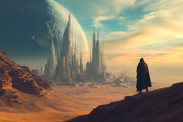 researcher of new worlds against the background of an inspiring futuristic alien landscape with a ci