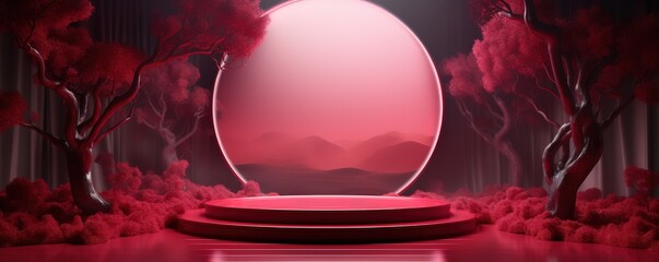 Wall Mural - an empty circular stage with a red tree decoration beside it. generative AI